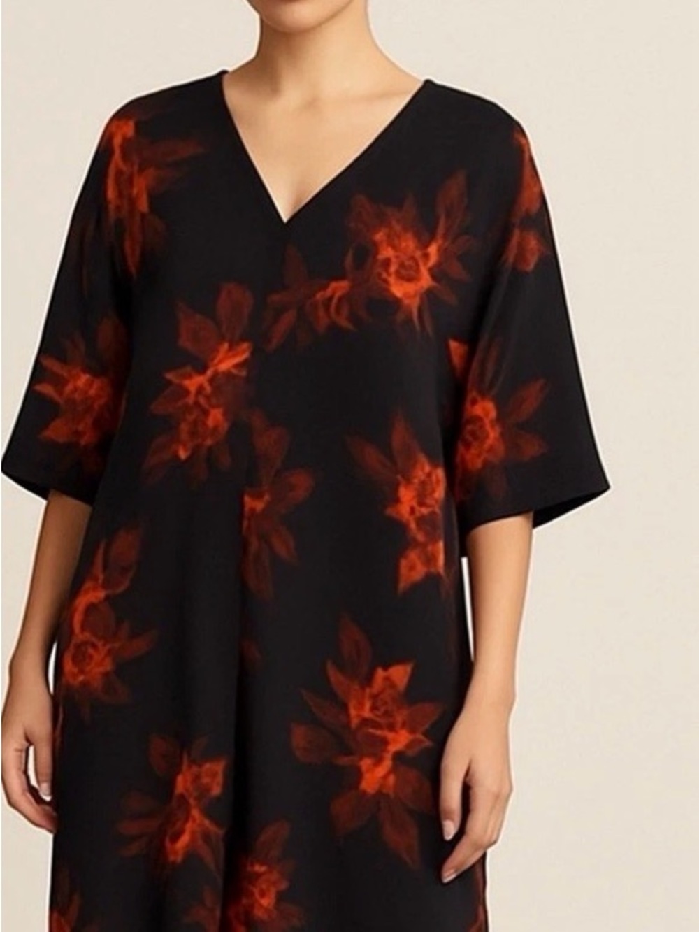 Nordstrom Black Tunic Cafftan Dress w Red Floral Print
